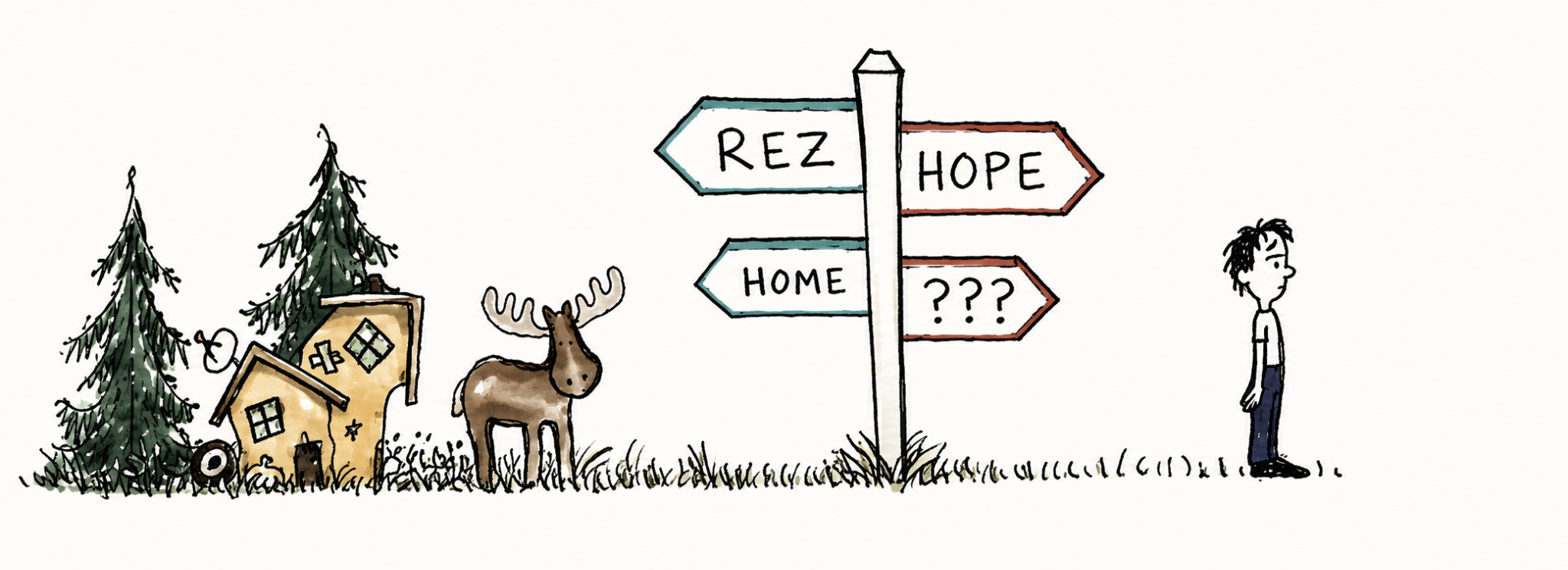 A sign points toward Rez and Home in one direction, Hope and question marks in the other.